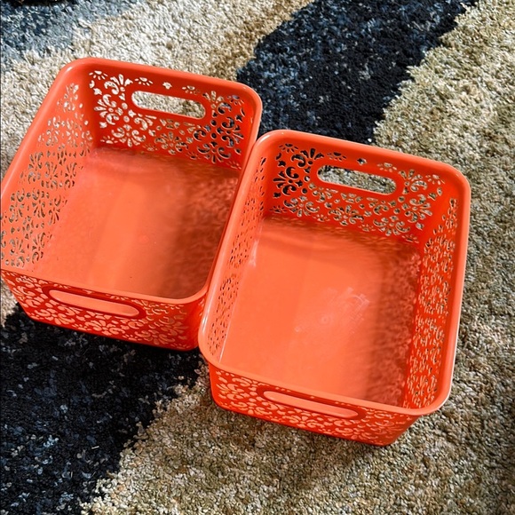 2 pk Orange Plastic Storage Basket with Intricate Floral Patterns NWOT YOU GET 2 - Picture 6 of 6